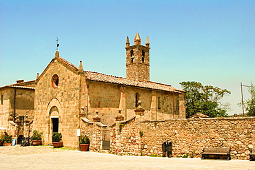 Facade of a church, Romanesque church, Piazza Roma, Monteriggioni, Siena Province, Tuscany, Italy