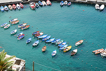 Boats docked at harbor, Italian Riviera, Cinque Terre National Park, Il Porticciolo, Vernazza, La Spezia, Liguria, Italy