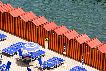 High angle view of beach huts on the beach, Marina Grande, Capri, Sorrento, Naples Province, Campania, Italy