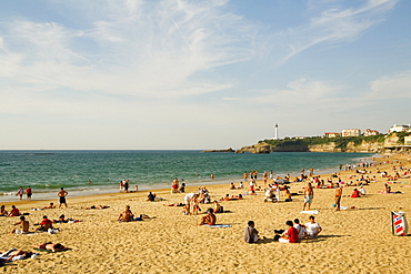 Tourists on the beach, Grande Plage, Phare de Biarritz, Biarritz, France