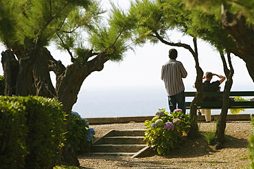 Rear view of two men in a garden, St. Martin, Biarritz, France