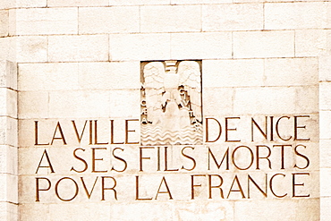 Text carved on a wall, Monument Aux Morts, Cote d'Azur, Cannes, Provence-Alpes-Cote D'Azur, France