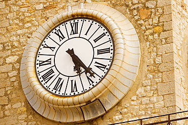 Close-up of a clock on a clock tower, Musee De La Castre, Cote d'Azur, Cannes, Provence-Alpes-Cote D'Azur, France