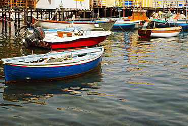 Boats moored at a harbor, Marina Grande, Capri, Sorrento, Sorrentine Peninsula, Naples Province, Campania, Italy