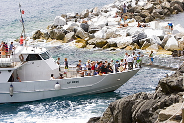 Tourists on a ferry, Italian Riviera, Cinque Terre, La Spezia, Liguria, Italy