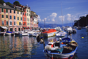 Boats in a river in front of buildings, Portofino, Genoa, Italy