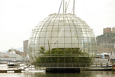 Building at a harbor, Porto Antico, La sfera dell'acquario, Genoa, Liguria, Italy