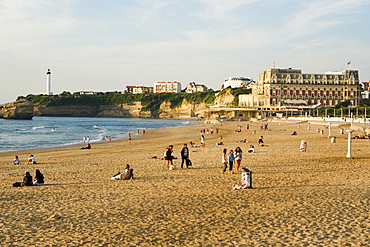 Tourists on the beach, Phare de Biarritz, Hotel du Palais, Grande Plage, Biarritz, France