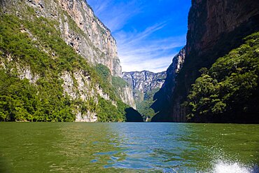 Panoramic view of a lake with a mountain range in the background, Sumidero Canyon, Chiapas, Mexico