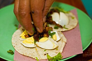 Close-up of a person's fingers preparing Mexican taco, Cuetzalan, Puebla State, Mexico