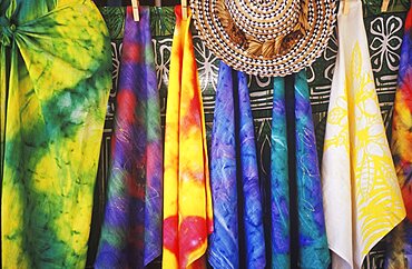 Close-up of sarongs hanging at a market stall, Hawaii, USA