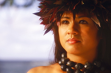 Close-up of a hula dancer wearing a necklace, Hawaii, USA