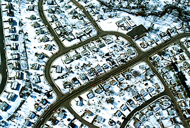 Aerial view of suburban housing in winter, Northern Virginia