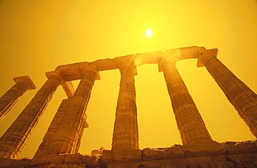 Low angle view of old ruin colonnades, Parthenon, Athens, Greece