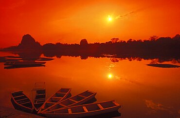 High angle view of five boats in a lake, China