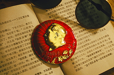 Close-up of Mao Tse-Tung badge on a book