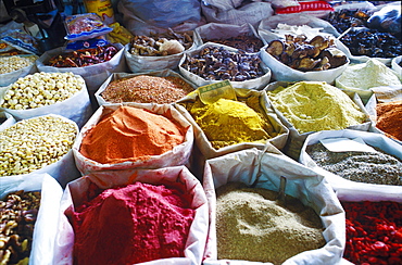 Close-up of spices in sacks, China