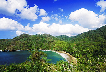 High angle view of a beach surrounded by hills, Caribbean