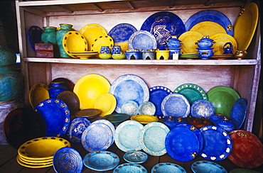 Close-up of plates on a shelf, Bali, Indonesia