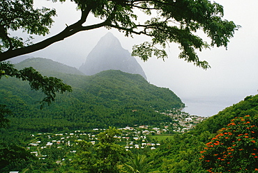 High angle view of a befogged volcano, St. Lucia