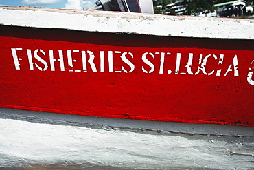 Side view of a fishing boat bearing a nameplate, St. Lucia