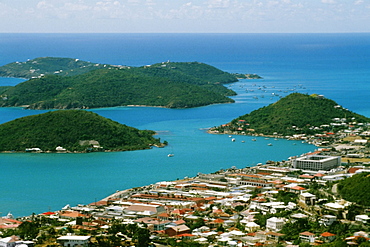 Aerial view of Charlotte Amalie and islands off the coast, St. Thomas, U.S. Virgin Islands