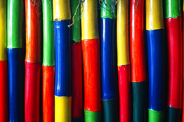 View of a colorful bamboo screen at a bar, Tobago, Caribbean