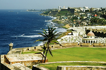 Dense habitation line up the coastline, El Morro Fort, San Juan, Puerto Rico