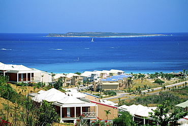 High angle view of houses along the seashore, Marigot, St. Martin, Leeward Islands, Caribbean.