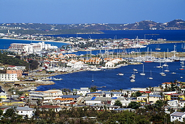 Overall view of the harbor on the French side of St. Martin in the Caribbean.