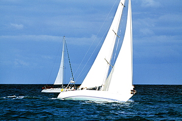 A sailboat participates in the Heiniken Regatta on the Dutch side of the island of St. Maarten in the Caribbean.