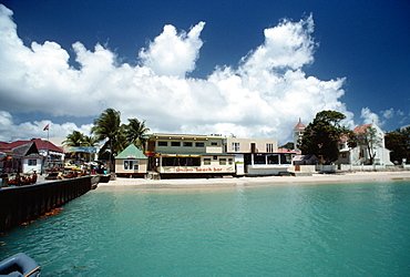 View of a commercial hub along a beach, St. Martin