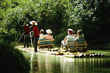 Rear view of a small group of people bamboo rafting, Jamaica