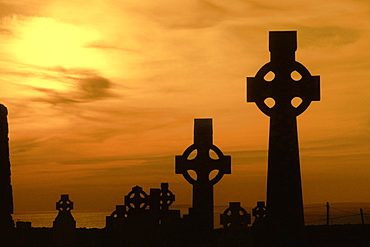 Celtic crosses at dusk, County Clare, Republic of Ireland