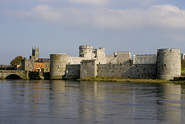 River in front of a castle, St. John's Castle, Limerick, Republic of Ireland