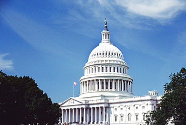 Low angle view of an American flag on a government building, Capitol Building, Washington DC, USA