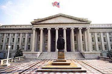 Statue in front of a building, US Treasury Department, Washington DC, USA