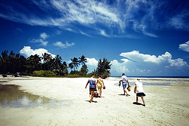 Rear view of tourists walking on a beach, Grand Bahamas