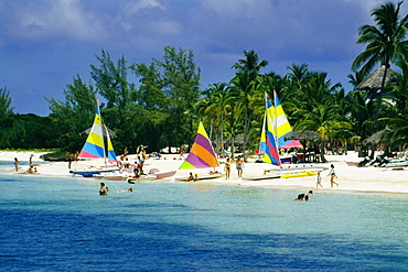 Colorful yachts seen on a seashore, Treasure Island, Abaco, Bahamas