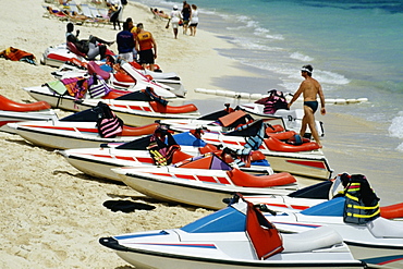 Side view of motor boats lined up on a seashore, Crystal Palace Hotel, Nassau, Bahamas