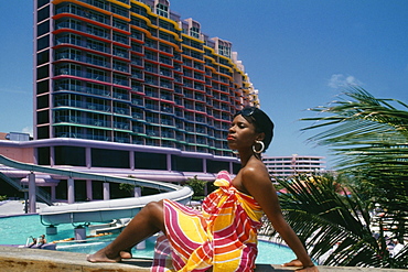 Wanda Strachan wearing a sarong, Crystal Palace Hotel, Nassau, Bahamas