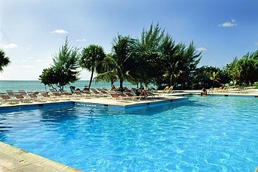 High angle view of a clear swimming pool at Lucayan Beach Resort, Freeport, Bahamas