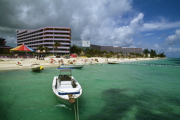 Side view of Crystal Palace Hotel and beach, Nassau, Bahamas