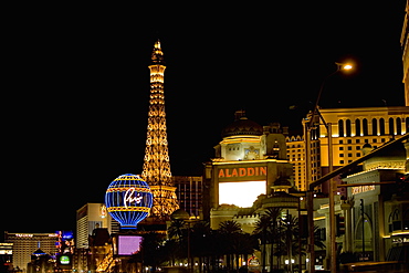 Low angle view of a tower lit up at night, Las Vegas, Nevada, USA