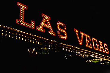 Low angle view of a neon sign board, Las Vegas, Nevada, USA