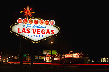 Welcome sign lit up at night, Las Vegas, Nevada, USA