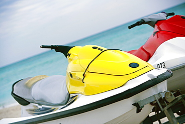 Close-up of two empty jet skis