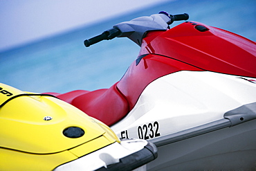 Close-up of two empty jet skis