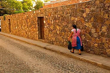 Rear view of a woman walking on a footpath, Mexico