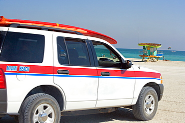 Side profile of a car on the beach, South Beach, Miami, Florida, USA